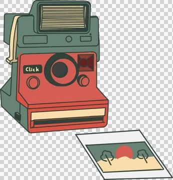 Retro instant camera is showcasing minimalist sunset print on transparent Stock Illustration