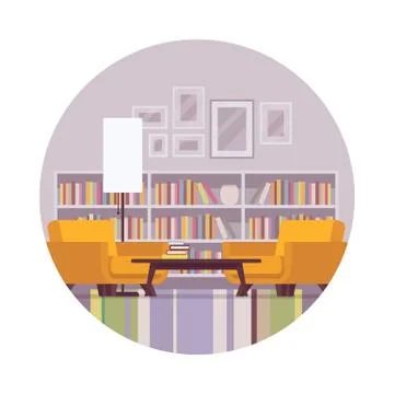 Retro interior with bookcase, lamp, table, armchair Stock Illustration