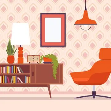 Retro interior with chair, frames for copyspace and mockup Illustrazione stock