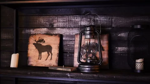 Retro interior design inside a bar. Outdated vintage objects. Kerosene lamp 스톡 동영상 127298821