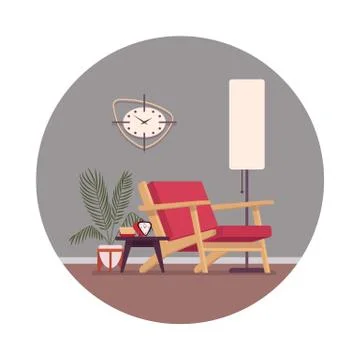 Retro interior with a divan, standing lamp, wallcloks Stock Illustration