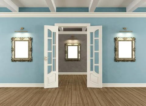 Retro interior with door and empty frames Stock Illustration