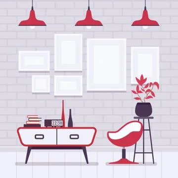 Retro interior with red lamps, frames for copyspace and mockup Stock Illustration