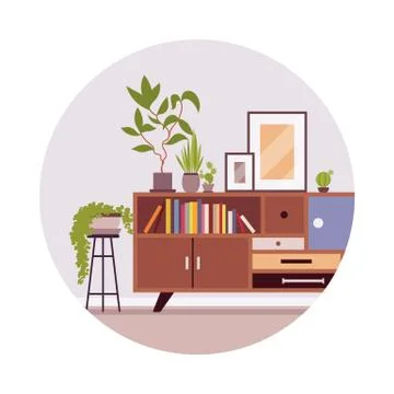 Retro interior with a sideboard bookcase Illustrazione stock