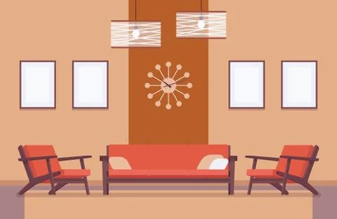 Retro interior with sofa, frames for copyspace and mockup Stock Illustration