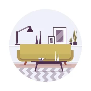 Retro interior a sofa, lamp and pictures Stock Illustration