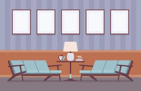 Retro interior with sofas, frames for copyspace and mockup Illustrazione stock