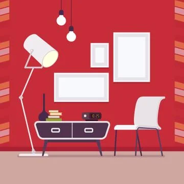 Retro interior with wall frames for copy space on red Illustrazione stock