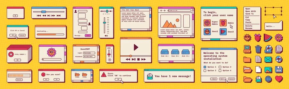 Retro internet windows. Browser frame pixel design. Vintage web interface of old Stock Illustration