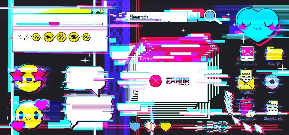 Retro internet y2k glitch interface elements Stock Illustration