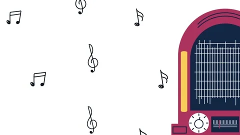 Retro jukebox playing music animation with floating musical notes on white .. Video stock 334521928