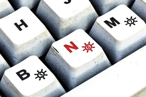 Retro Keyboard with N button in red color. N button keyboard in close up macr Stock Photos