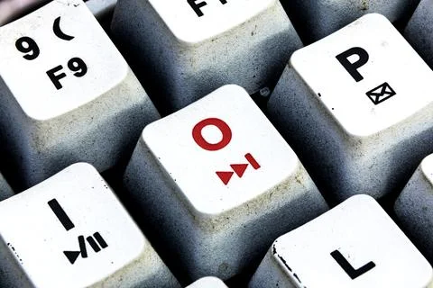 Retro Keyboard with O button in red color. O button keyboard in close up macr Stock Photos