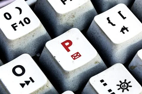 Retro Keyboard with P button in red color. P button keyboard in close up macr Stock Photos