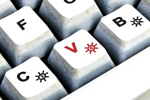 Retro Keyboard with V button in red color. V button keyboard in close up macr Stock Photos