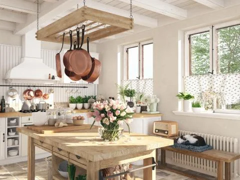 Retro kitchen in a cottage with sleeping cat. 3D RENDERING Stock Illustration