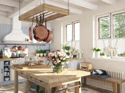 Retro kitchen in a cottage with sleeping cat. 3D RENDERING Ilustración de archivo