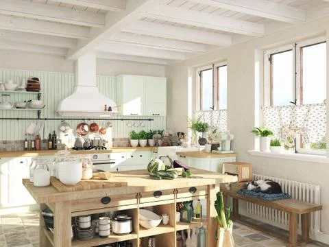 Retro kitchen in a cottage with sleeping cat. 3D RENDERING Stock Illustration