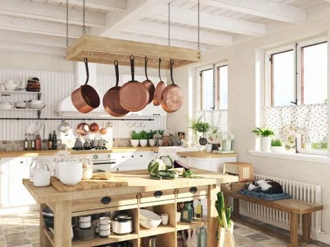 Retro kitchen in a cottage with sleeping cat. 3D RENDERING Stock Illustration