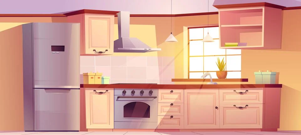 Retro kitchen empty interior with cook appliances Stock Illustration