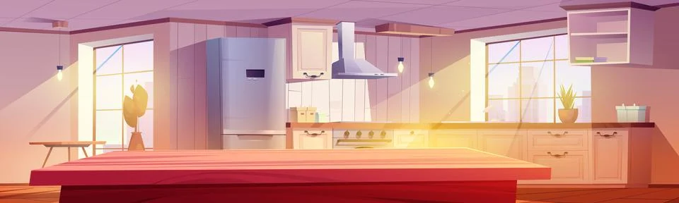 Retro kitchen empty light interior with wood table Stock Illustration