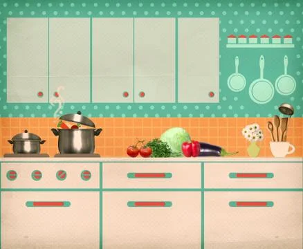 Retro kitchen interior Stock Illustration