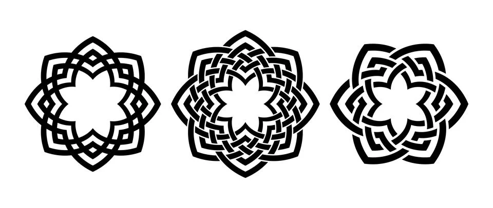 Retro knot circle frame set. Black celtic round border collection. Braid and Stock Illustration