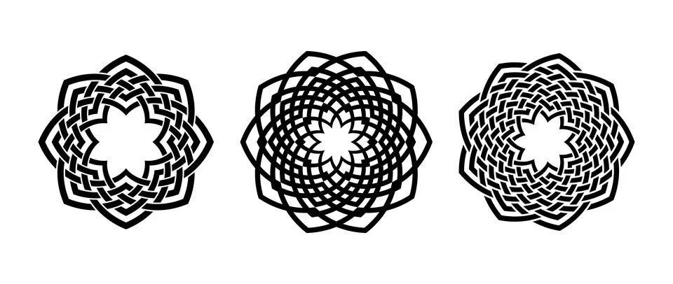 Retro knot circle frame set. Black celtic round border collection. Braid and Stock Illustration