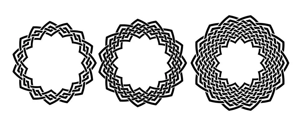 Retro knot circle frame set. Black celtic round border collection. Braid and Stock Illustration