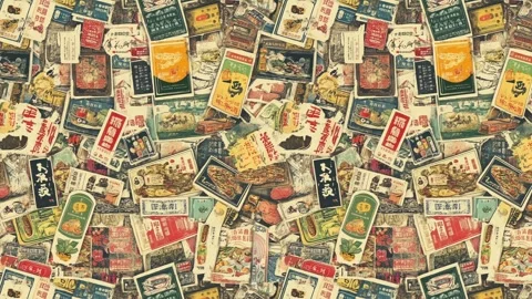 Retro label collage with tea and herbs and comics details — Diagonal motion Stock Footage 308070068