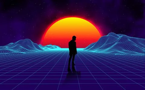 Retro landscape background sunset 3d landscape with man silhouette. Futuristic Stock Illustration