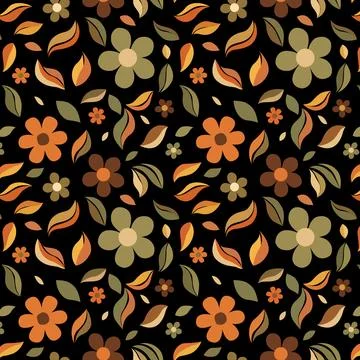 Retro Leaf Scatter Seamless Pattern on Black Background, Mid Century Modern.. Illustrazione stock