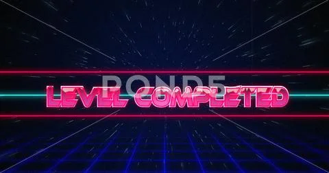 Retro Level Completed text glitching over blue and red lines on white ...
