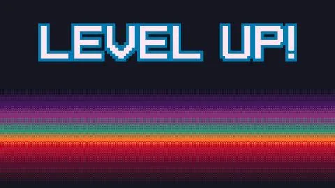 Retro Level Up pixel art text with vibrant colors gradient on dark. Dithering Illustrazione stock
