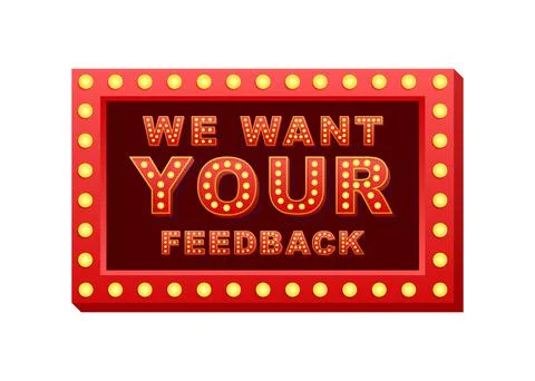 Retro light text we want your feedback. Retro light bulb. Vector stock Stock-Illustration
