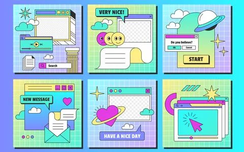 Retro linear vaporwave ig posts template in y2k style Stock Illustration