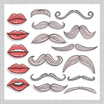 Retro lips and mustaches elements set Stock Illustration