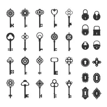 Retro locks and keys set. Vintage silhouettes for safes doors classic medieval Stockillustratie