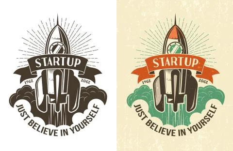 Retro logo with a rising rocket Stock Illustration