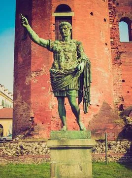 Retro look Caesar Augustus statue Vintage looking Caesar Augustus monument... Stock Photos