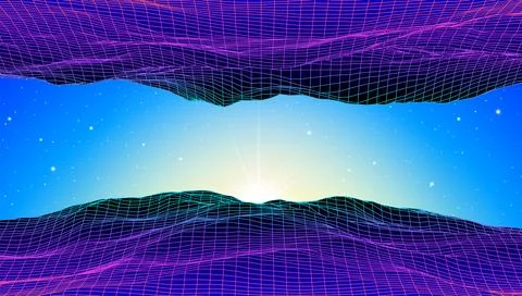 Retro low poly grid landscape with polygonal mountain, palm trees silhouettes Stock Illustration