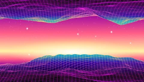 Retro low poly grid landscape with polygonal mountain, palm trees silhouettes Stock Illustration