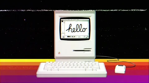 Retro Macintosh computer saying hello graphics vhs glitch Stock Footage 124921898
