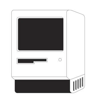 Retro Macintosh style computer with floppy drive slot 2D line object Stock Illustration