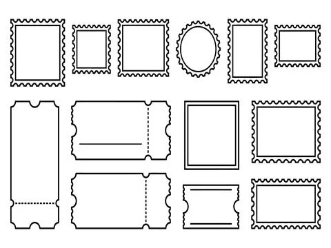 Retro mail stamp and blank ticket stub line art vector illustration set イラスト素材