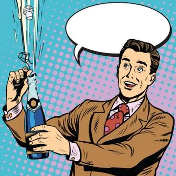 Retro man opens champagne party celebration holiday Illustrazione stock