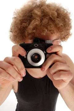 Retro Man using Retro Camera Foto stock
