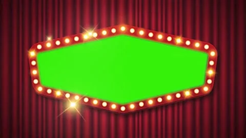 Retro Marquee Sign with Green Screen on Red Stage Curtains with Flashing Lights Stock Footage 340501733