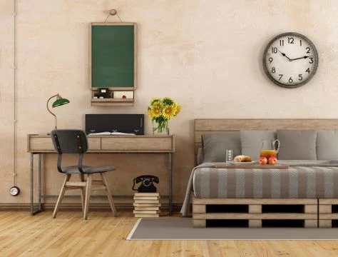 Retro master bedroom with bed and desk - 3d rendering Stock Illustration