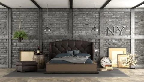 Retro master bedroom in a loft Illustrazione stock